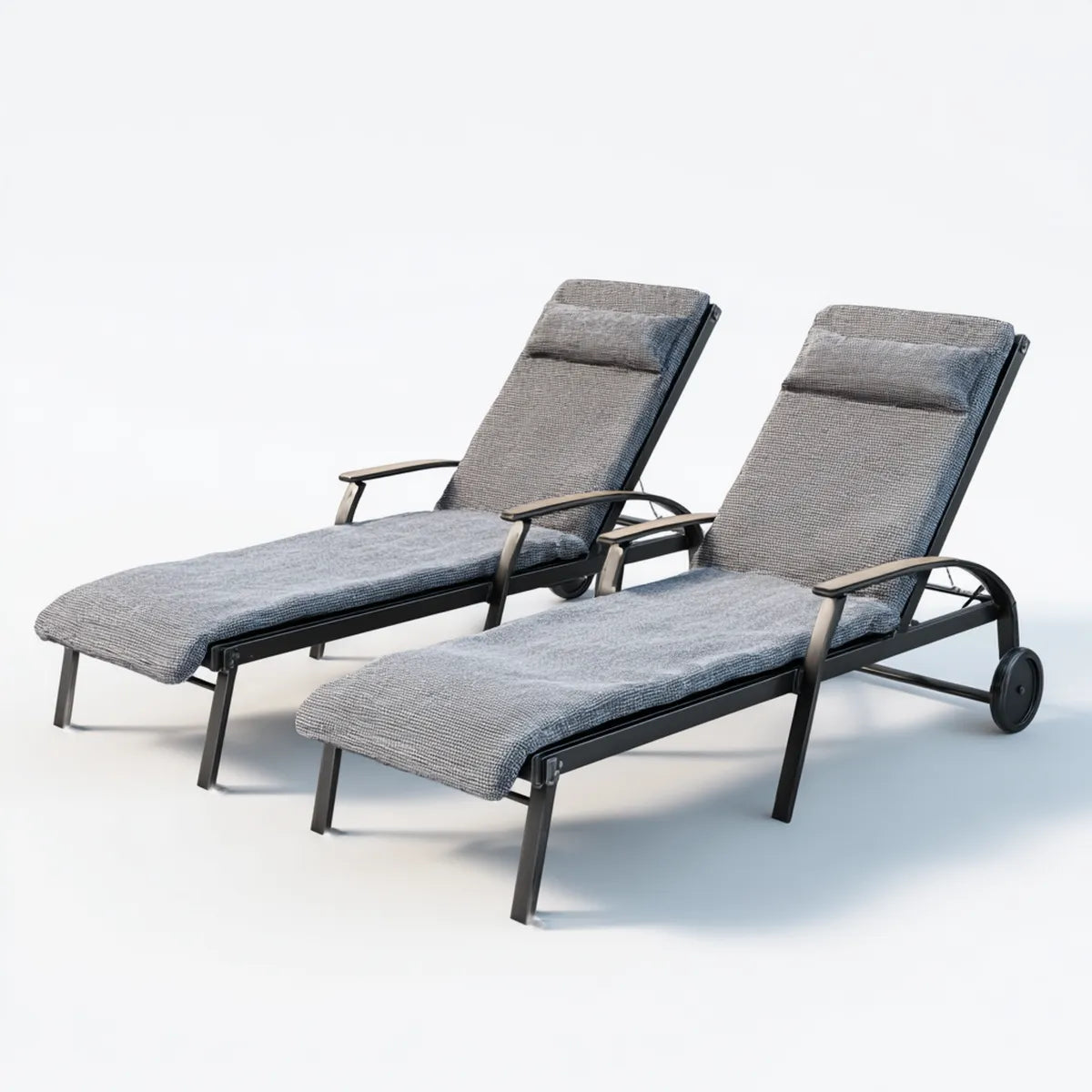 Set 2 lettini prendisole reclinabili grigio con ruote e cuscini in poliestere 200 x 65 x 35 cm