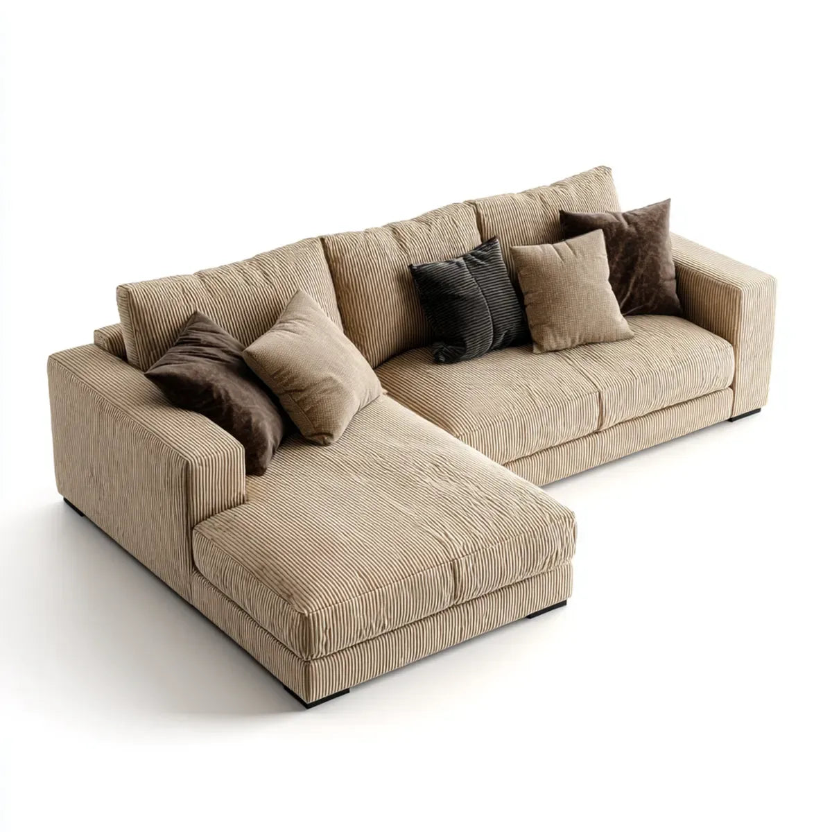 Divano angolare 3 posti con chaise longue beige a L in velluto a coste di poliestere 285 x 170 x 85 cm