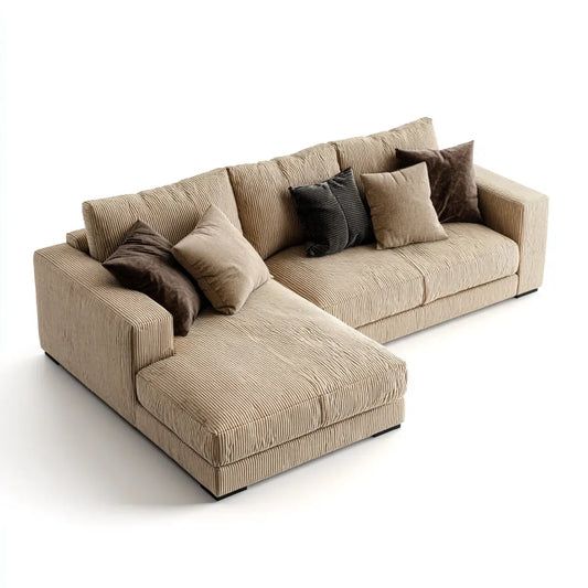 Divano angolare 3 posti con chaise longue beige a L in velluto a coste di poliestere 285 x 170 x 85 cm