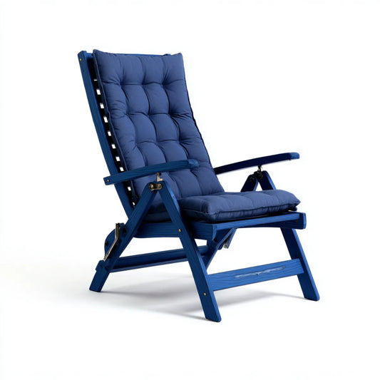Sedia a sdraio reclinabile blu in legno massello con cuscino imbottito 98 x 60 x 105 cm