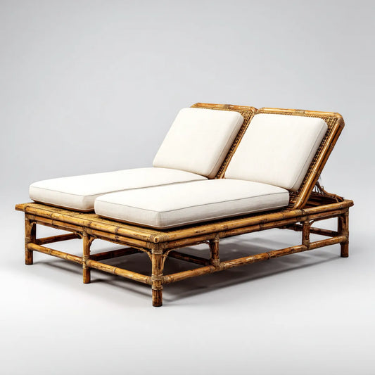 Lettino prendisole doppio da giardino marrone miele e crema in bambù 160 x 120 x 78 cm