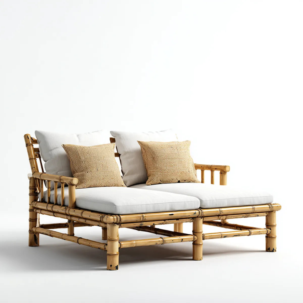 Lettino prendisole doppio da giardino naturale 160 x 90 x 75 cm in bambù con cuscini bianchi rettangolare