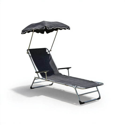 Lettino prendisole pieghevole nero con parasole in poliestere e struttura in acciaio 187 x 58 x 30 cm
