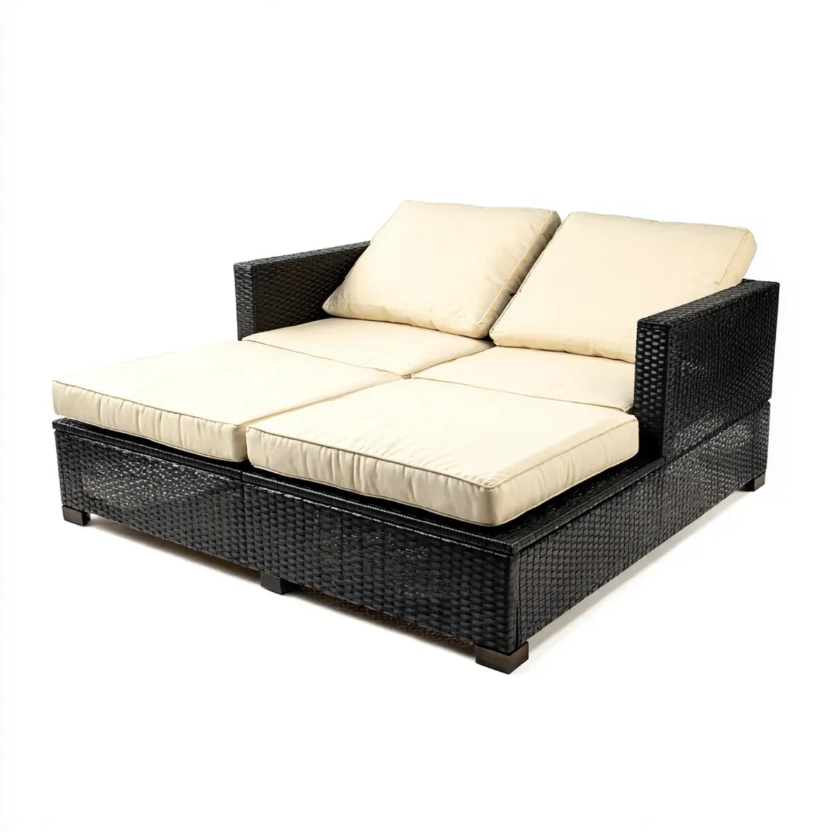 Lettino prendisole doppio da giardino nero e crema 200 x 140 x 70 cm in rattan PE rettangolare
