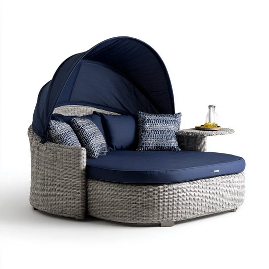 Lettino prendisole doppio da giardino grigio e blu in rattan sintetico PE con tettoia 200 x 140 x 150 cm semicircolare