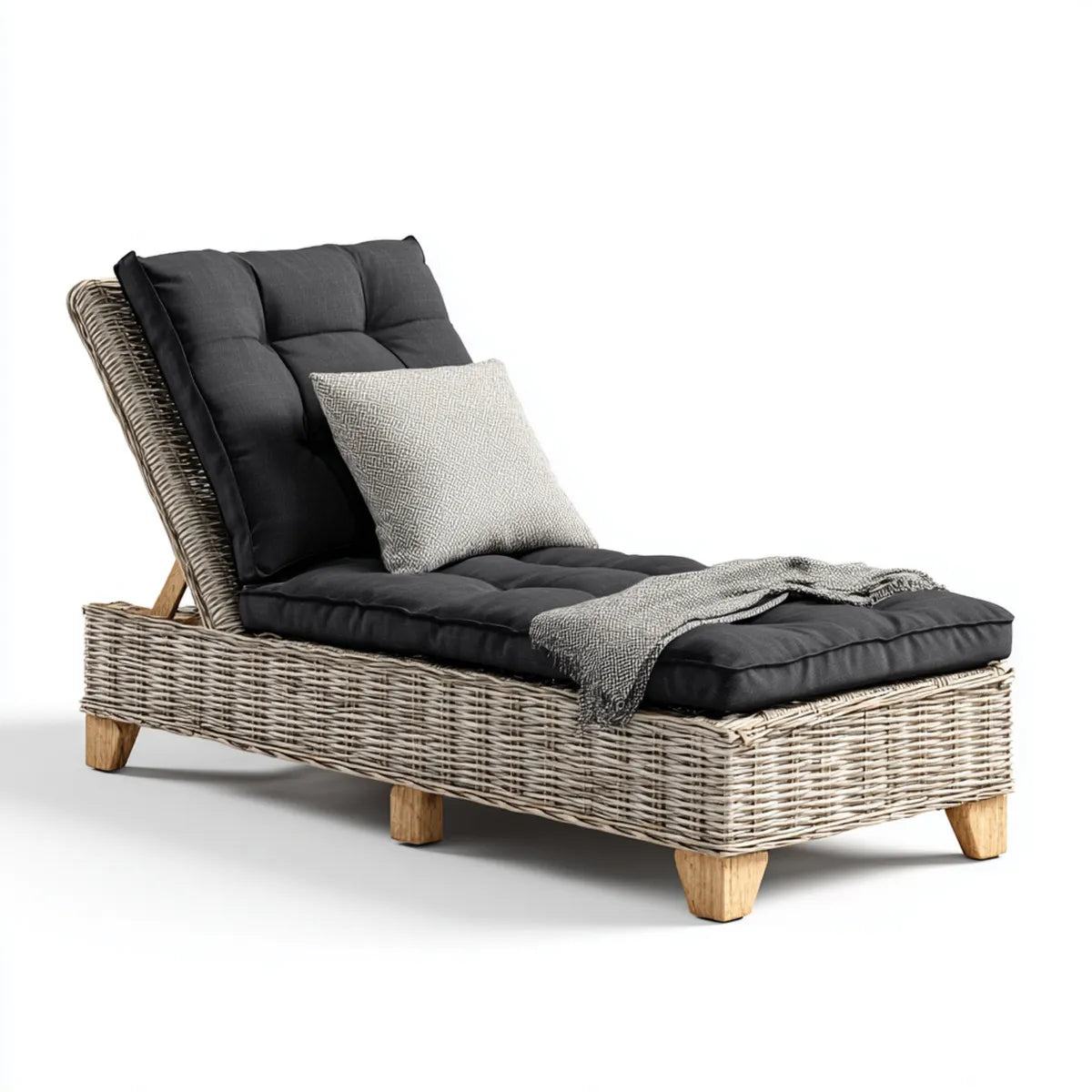 Lettino prendisole da giardino reclinabile rettangolare nero e naturale in rattan 190 x 70 x 85 cm