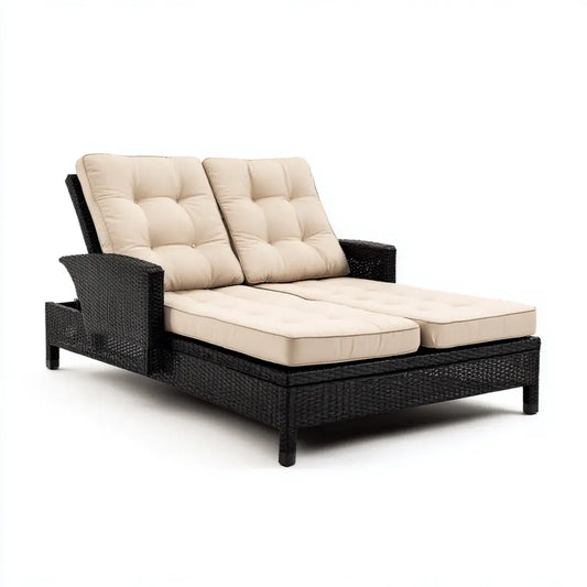Lettino prendisole doppio da giardino nero e beige 160 x 200 x 85 cm in rattan PE con cuscini rettangolare